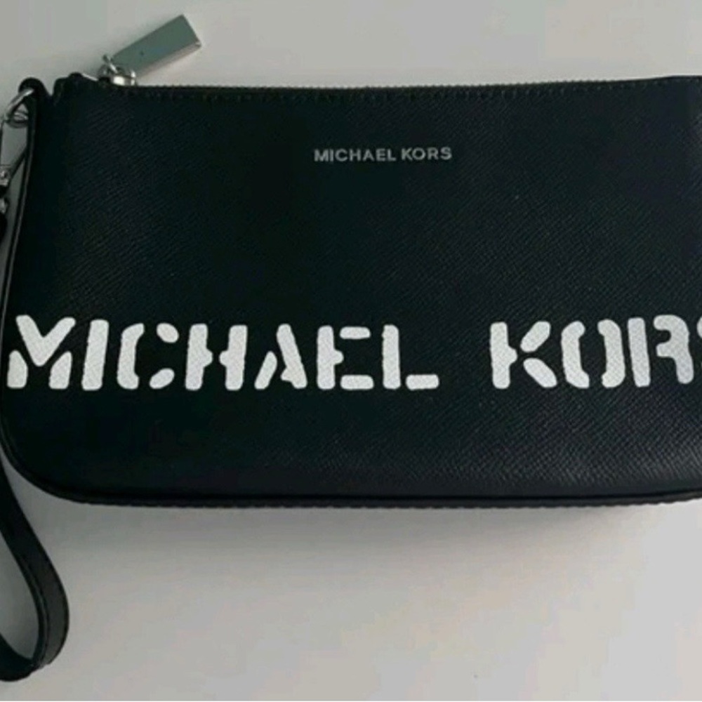 Michael Kors Black Leather Wristlet with White Logo Stencil